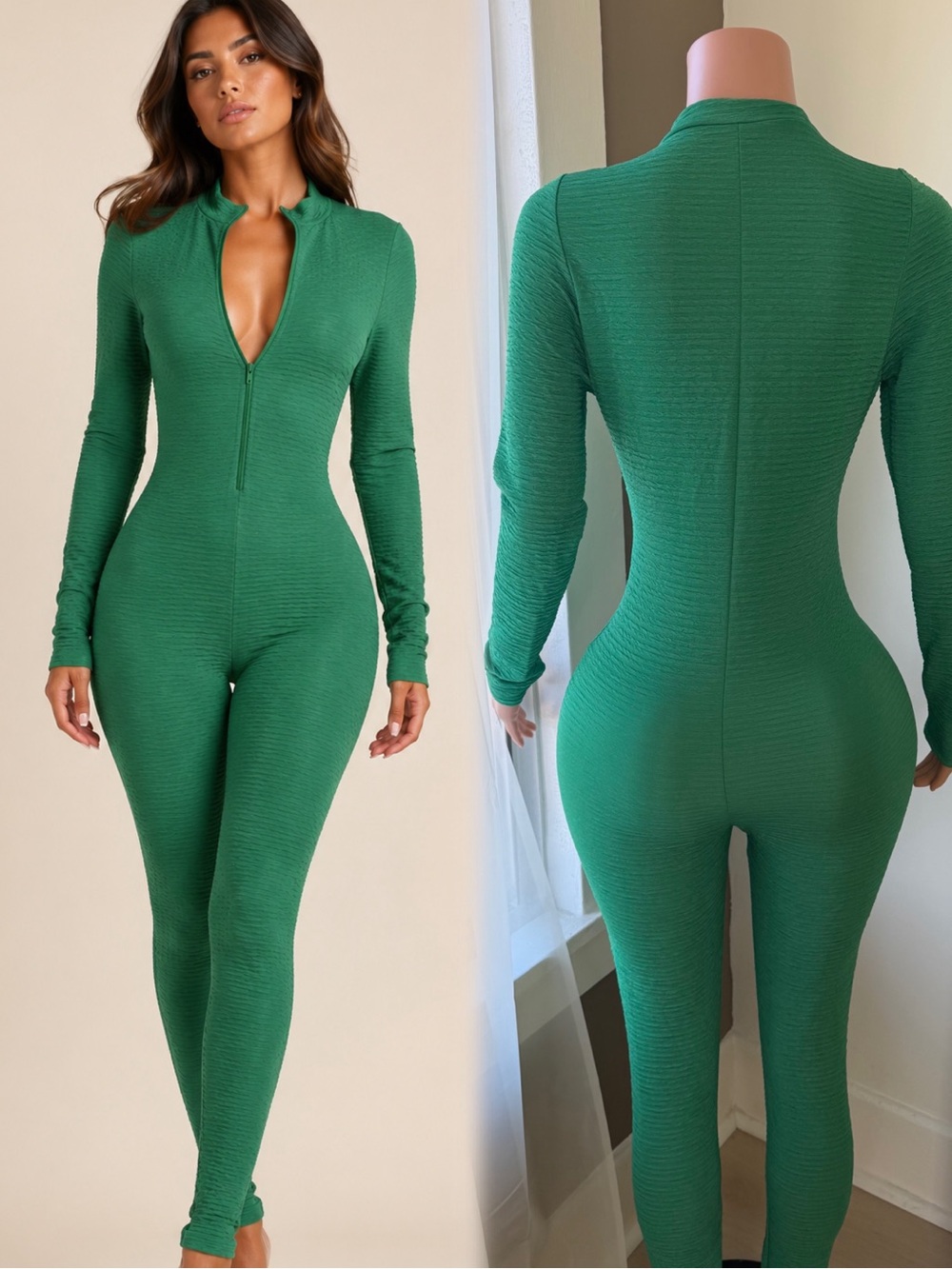 Long Sleeve Green Textured Zip-Front Jumpsuit